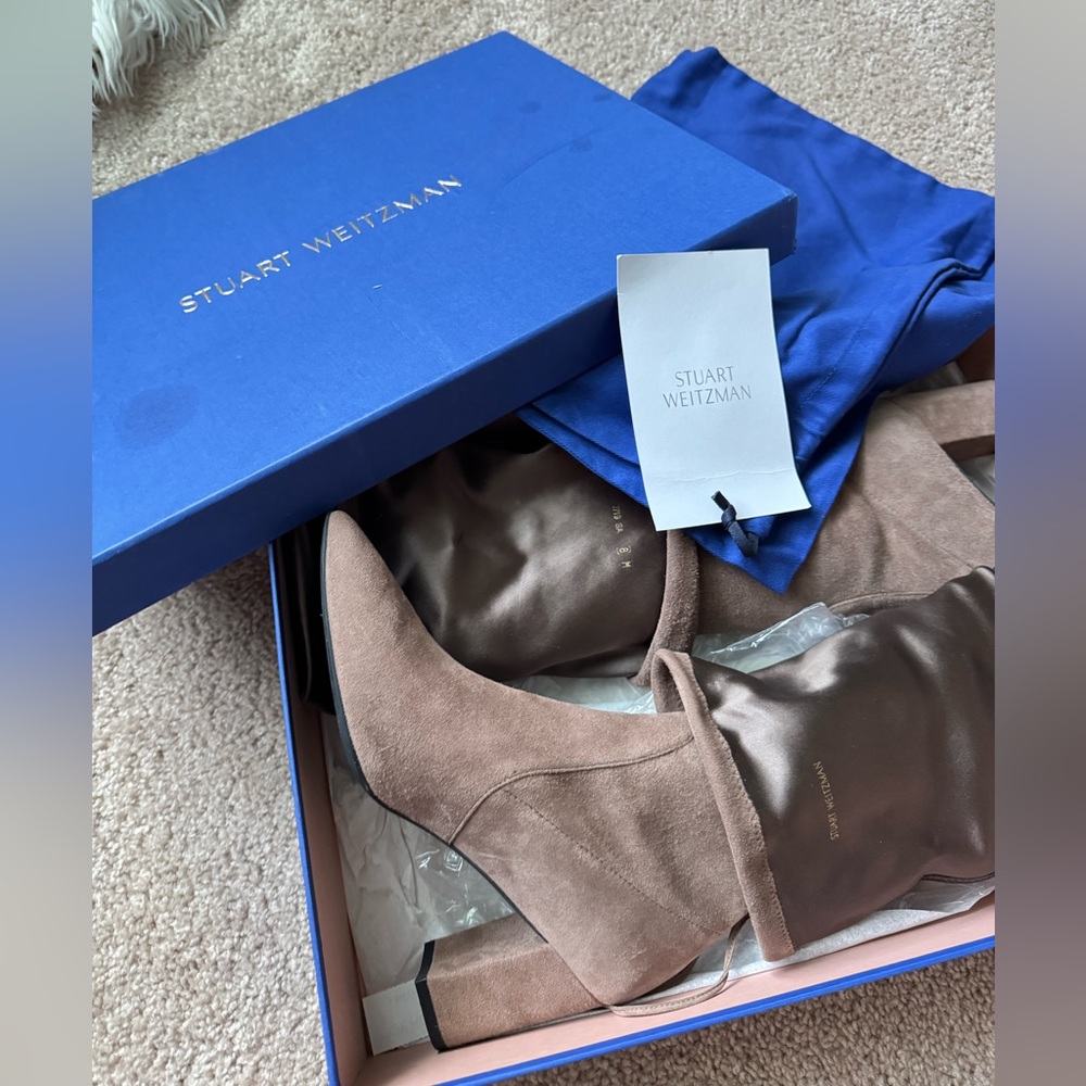 Stuart Weitzman Lesley 75 Suede High Heel Boots in Taupe, Women’s US 8